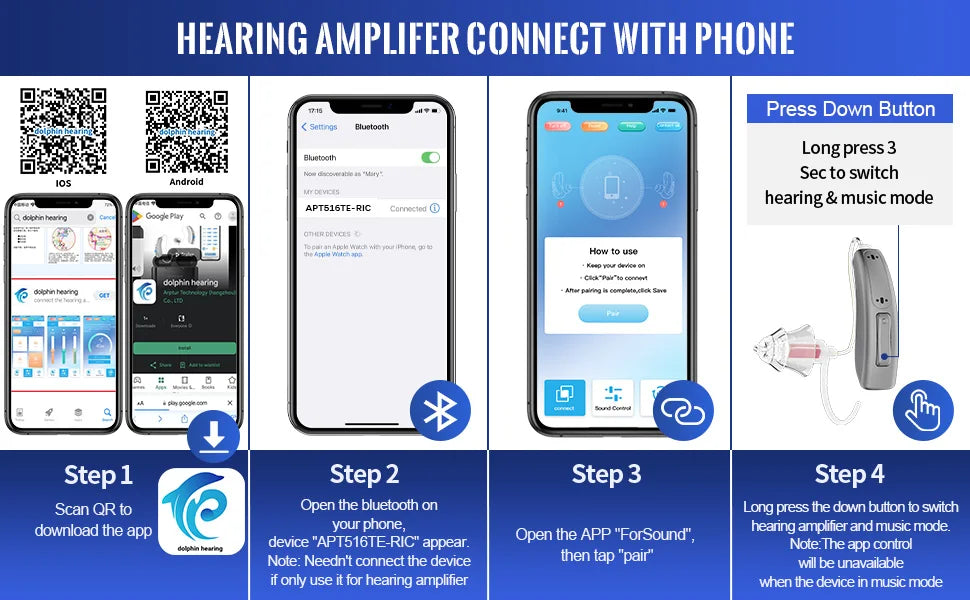 Bluetooth Hearing Aids for Seniors Rechargeable with Noise Cancelling APP Control Self-Fitting Wireless Music Stream Hand-free