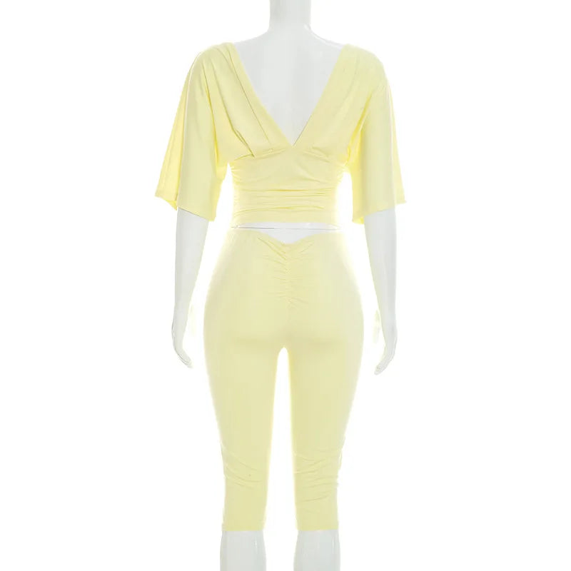 STYLISH LADY Y2K Solid Color Two Piece Set Batwing Sleeve Ruched Top Capri Pants 2026 Women Bodycon Vacation Party Outfits