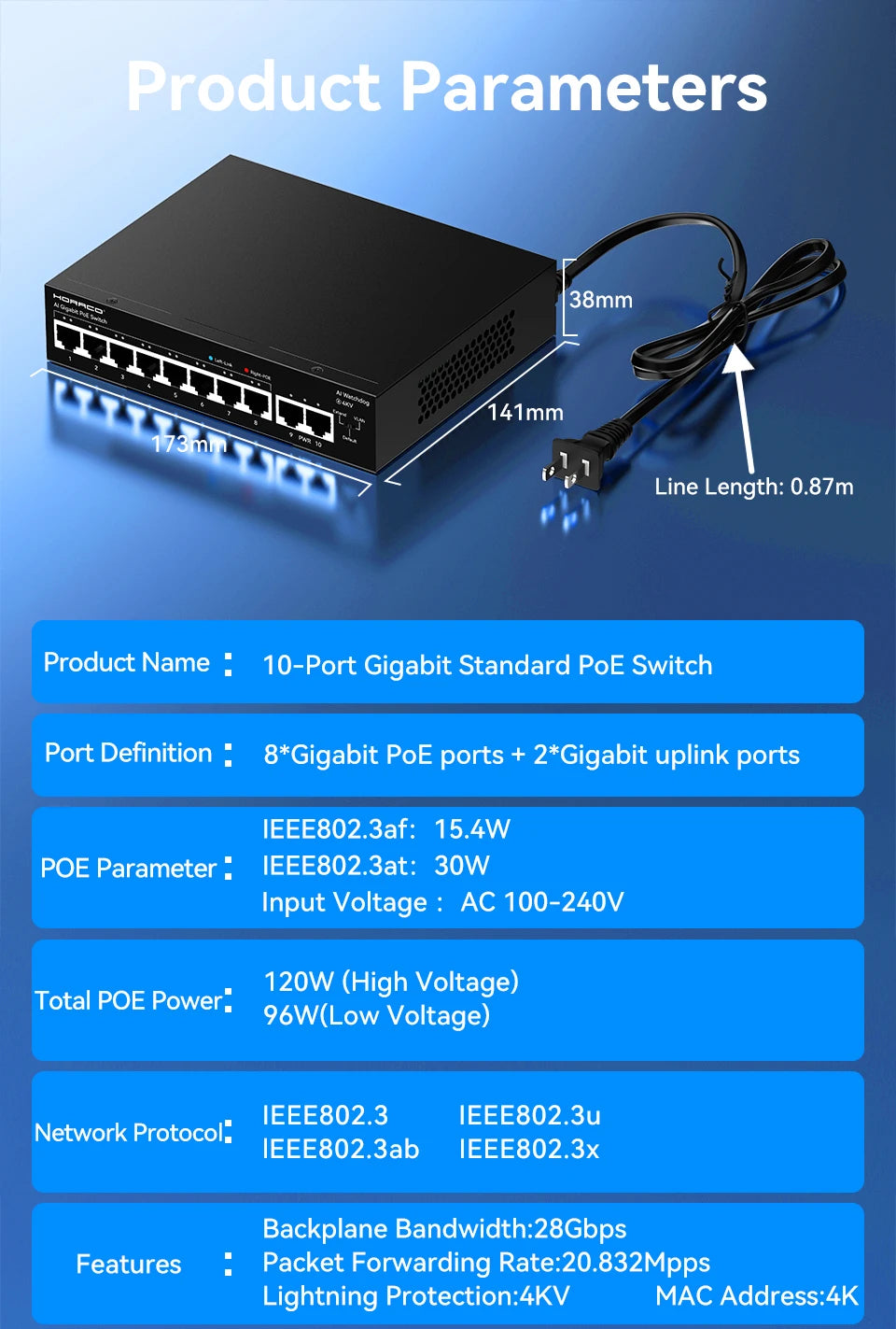 HORACO 8 Port Gigabit POE Switch 1000Mbps Active POE Network Switch for IP Camera,NVR,Surveillance,CCTV,POE Camera
