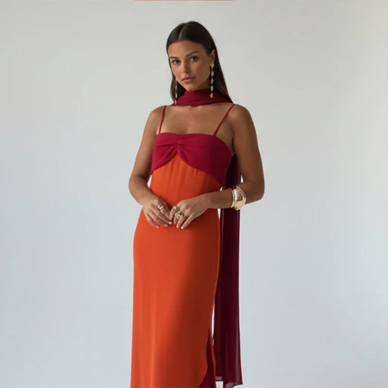Color Blocking Scarf Collar Sling Dress Sexy Waist Cinching Chic Split Bodycon Maxi Dresses 2026 Lady Club Party Vestido