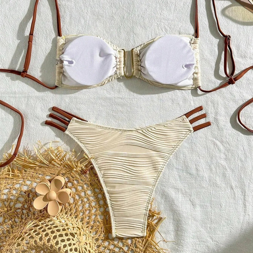 Women Color Block Bikini Set Swimsuit Metal Ring Front 2 Piece Bathing Suit Strappy High Cut Swimwear for Beach Pool Holiday