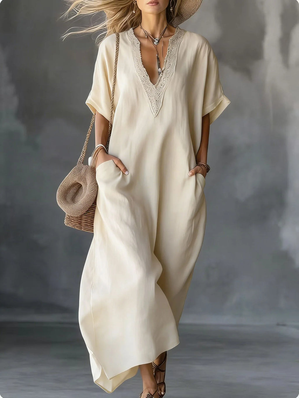 2026 New Summer Women's Dress Solid Color V-neck Bohemian Style Retro Fashionable And Comfortable Elegant Pocket Simple Vestidos