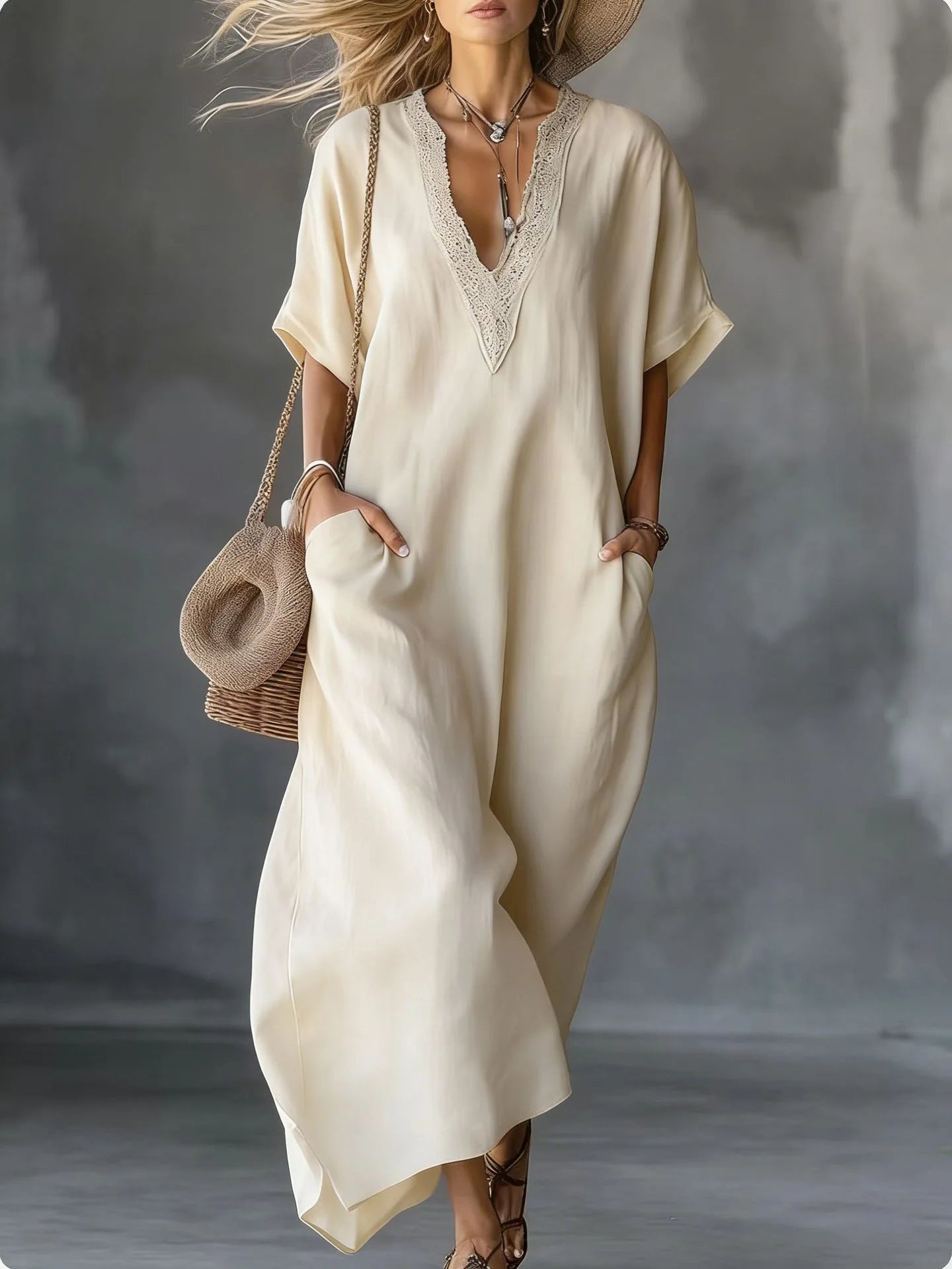 2026 New Summer Women's Dress Solid Color V-neck Bohemian Style Retro Fashionable And Comfortable Elegant Pocket Simple Vestidos