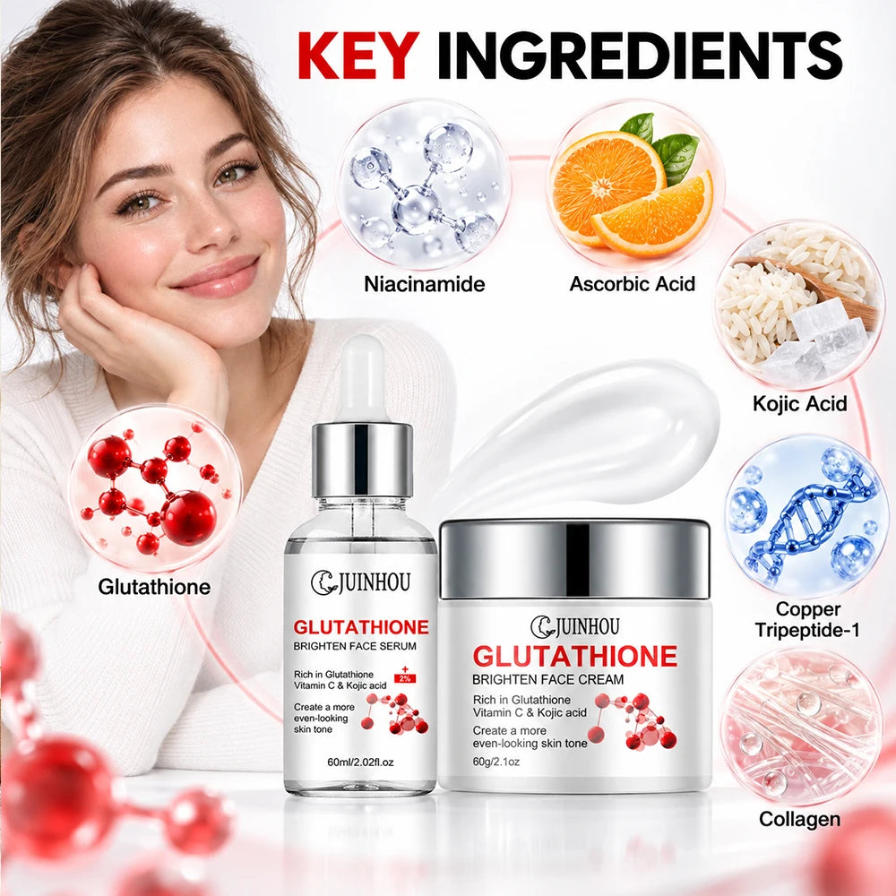 JUINHOU Glutathione Brightening Serum Cream Set Antioxidant Facial Skincare Hydrate Even Skin Tone Restore Radiant Complexion