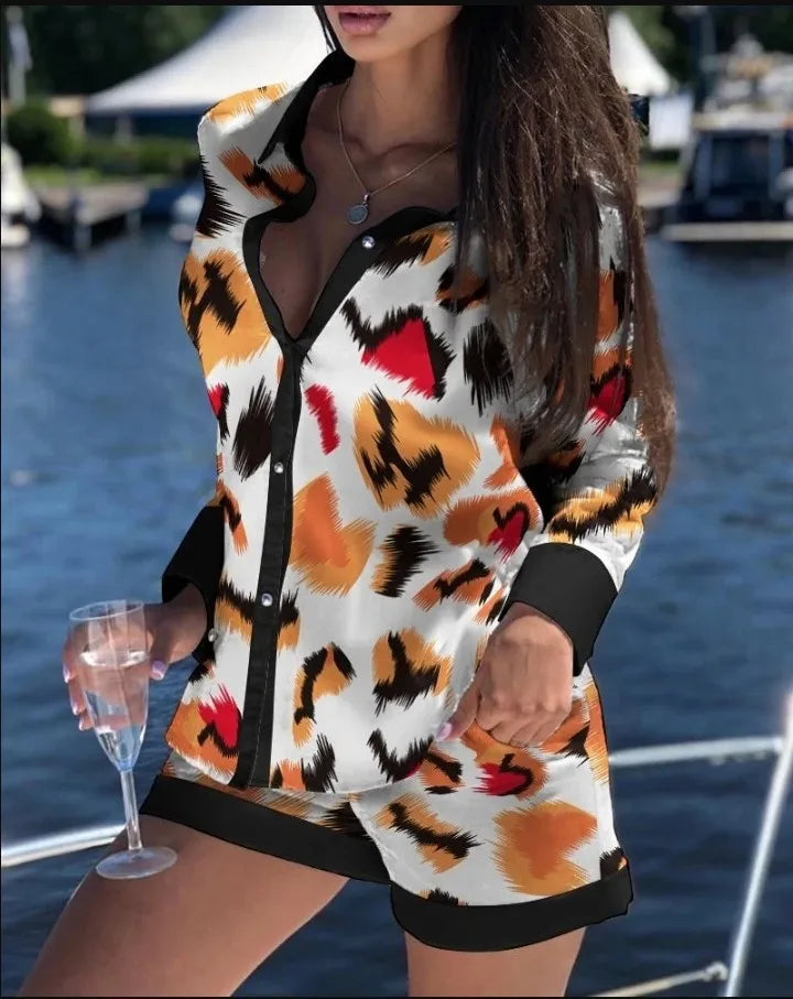 2026New Casual Set Solid Color Printed Shirt Button Long Sleeve Top+Pocket Shorts Set for Women womens matching sets 2 piece set