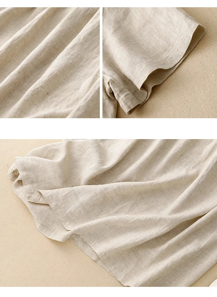 Summer Cotton Linen Blended Thin And Breathable Dress Women Literary Big Swing Short Sleeve Solid Loose Casual Female Dresses
