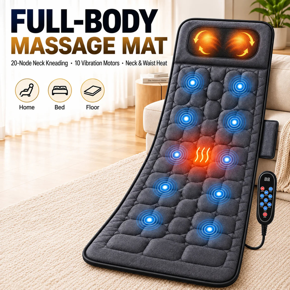 Full Body Massage Mat Foldable Neck Kneading 10 Motor Vibration Heat Shiatsu Electric Massage Cushion 9 Modes Wired Remote Home