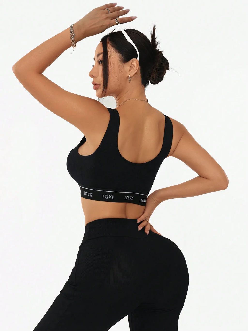 Women Letter LOVE Band Cutout Sports Bra Ribbed U Neck Padded Crop Top Wide Strap Fitness Yoga Workout Athletic Bralette