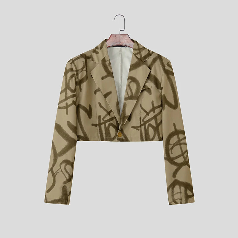 INCERUN Men Sets Printing Lapel Long Sleeve Crop Blazer & Pants Two Pieces Sets Streetwear Personality Fashion Men Casual Suits