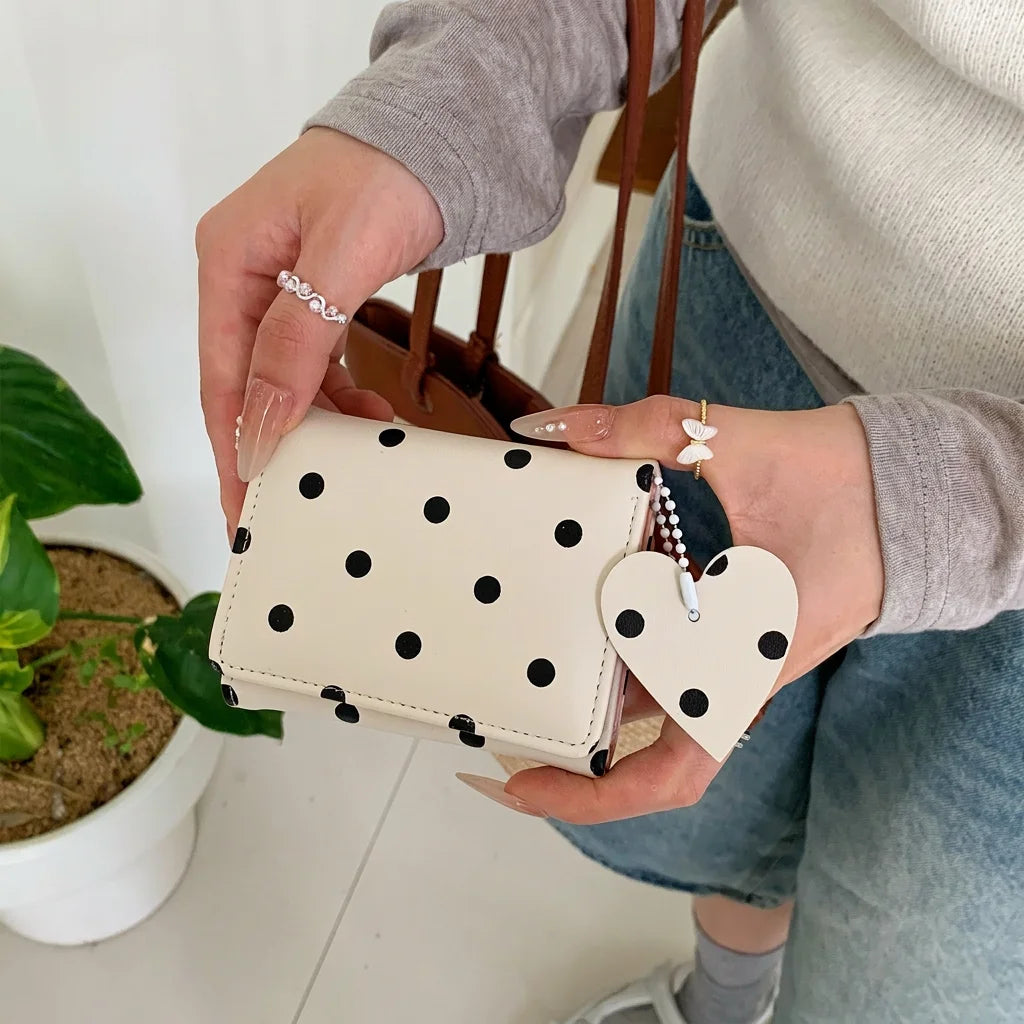 Mini Bifold Women's Wallet, Polka Dot PU Multi-functional Key Hanging Card Holder Purse for Daily Outing Small Gift
