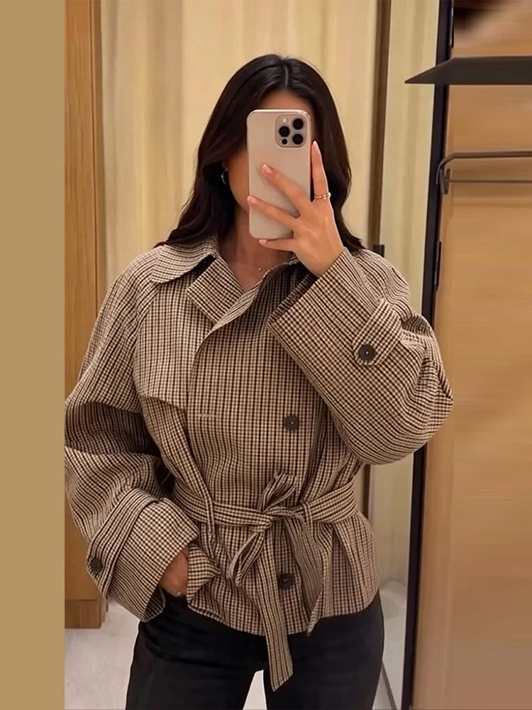Loose Plaid Lace Up Jacket Women Vintage Double Breasted Full Sleeve Lapel Belts Jackets Female 2026 Autumn Outwear Lady