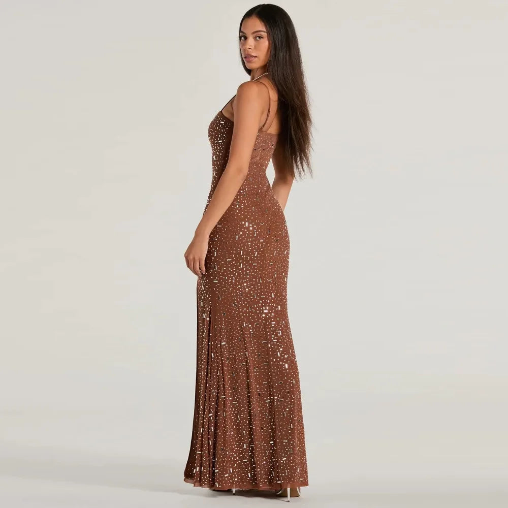 Light Luxury Nightclub Party Sexy Suspender Dress Spring and Summer New Women Fashion Bright Diamond Side Slit Hip Hugging Dress