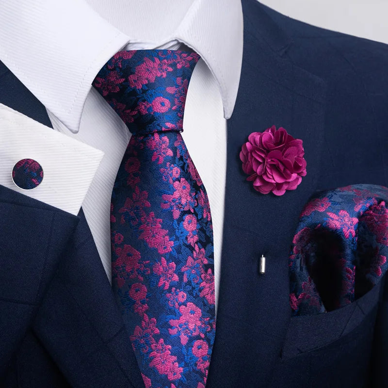 Hot Sale Luxury 8 Cm Blue Floral Ties Pocket Square Cufflinks Brooch Set For Man Suit Accessories Holiday Gift Fit Formal Party