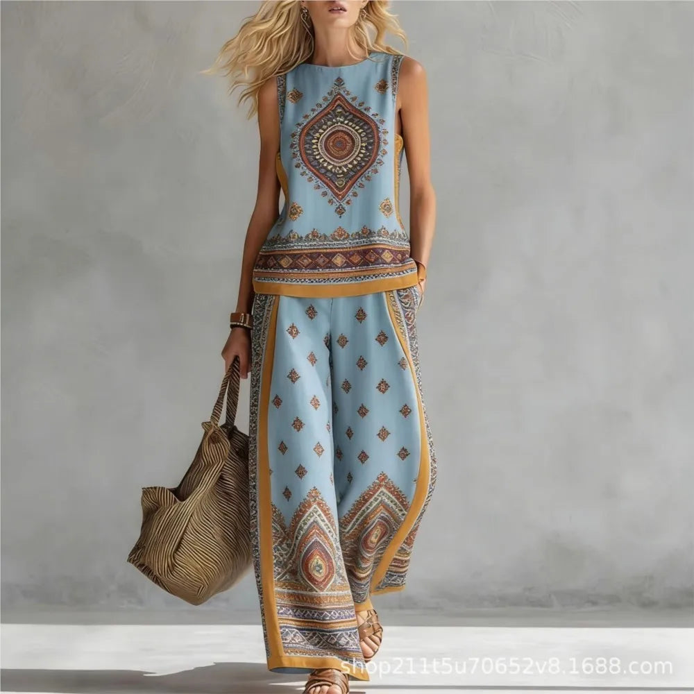 Fashion Retro Printed Sleeveless Tops Trousers 2-piece Set Women's Summer Casual Vest Loose Wide Leg Trousers Female Suit Pocket