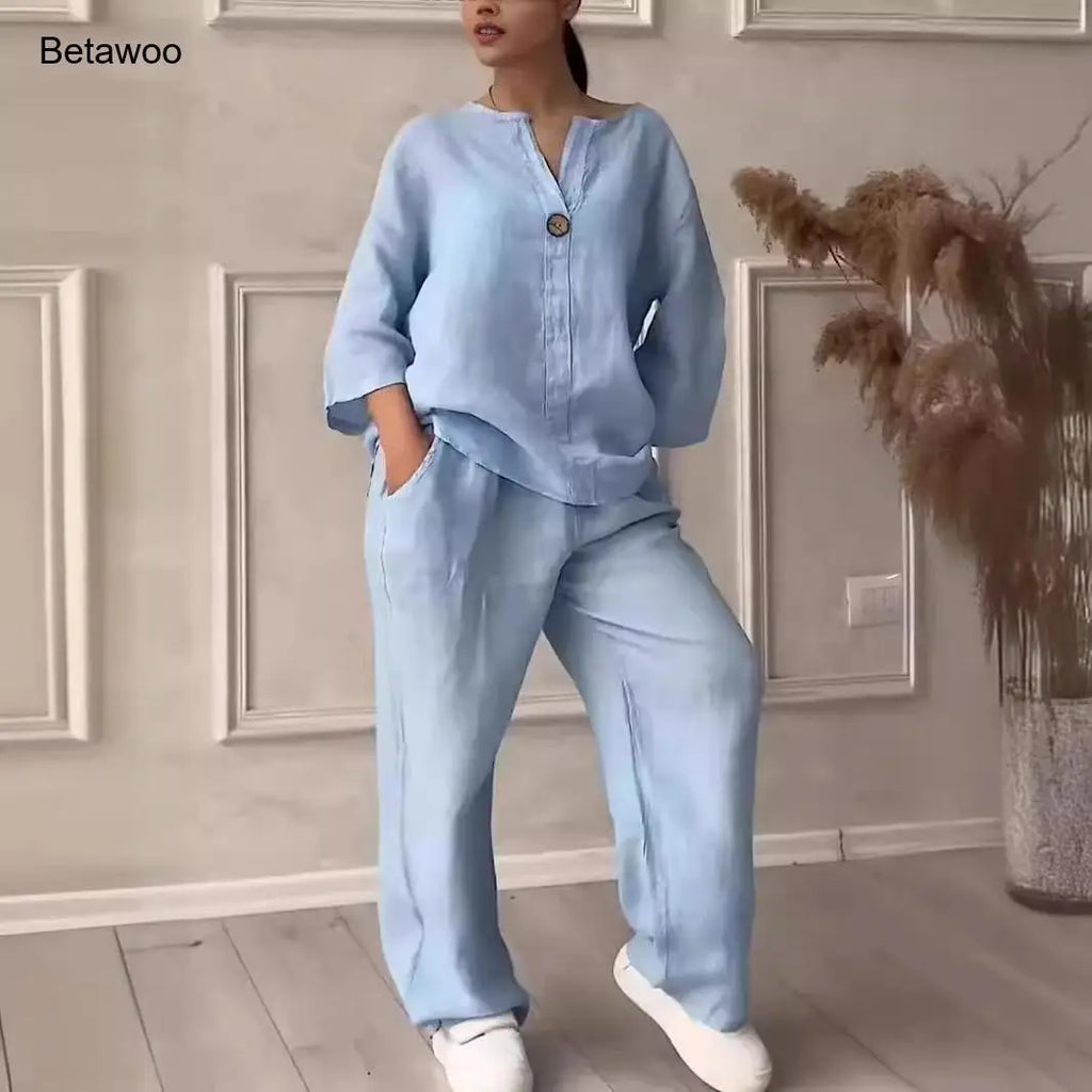 Women's 2 Piece Cotton Linen Lounge Set Button Down Shirt and Wide Leg Pants Casual Loose Fit Matching Outfit Solid Color Co-ord