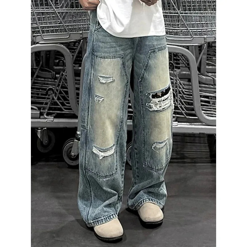 Men's Jeans Man Pants Heavy Duty Washed Multi Pocket Carpenter Style Straight Loose Denim Trousers Casual Fit High Street