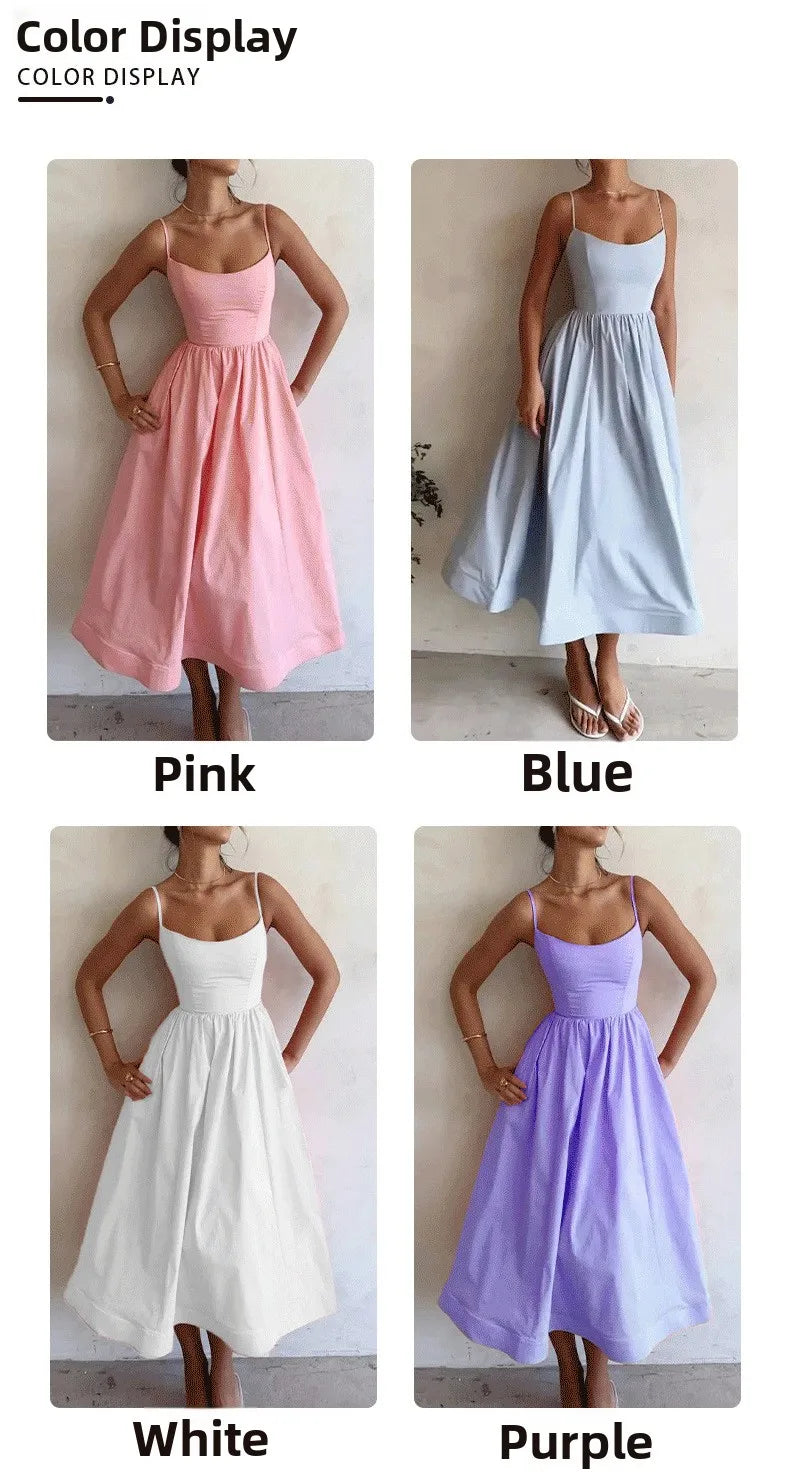 Summer Sexy Women's Strap Dr High Waist A-Line Midi Skirt No Sve Polyester Fabric Commute Sle Folded Drape Gown