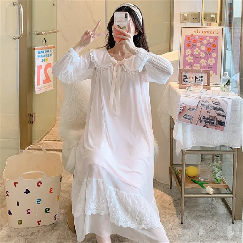 Spring Autumn Palace Gauze Dress Loose Princess Nightgown Women's Long Sleeve Night Shirt Lace Sweet Long Nightdress Home Wear