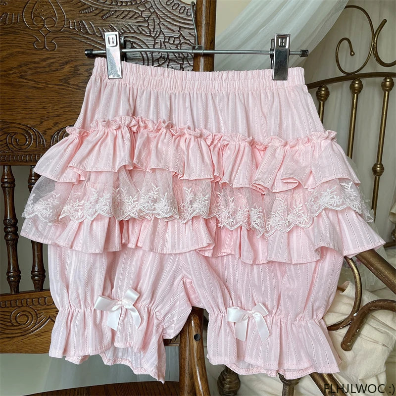 Cotton Bloomers Lolita Style Girls Cute Sweet Japan Sexy Lace Date Princess Pink Layer Puff Shorts Ruffles Lantern Small Pants