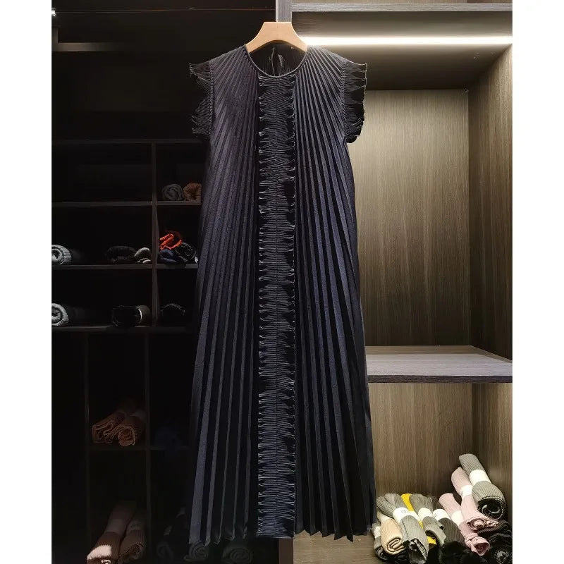 Miyake Pleated Solid Color Dresses High-End 2026 Ruffled Handmade Pleats Solid Color Fold Dress Summer Elegant Sleeveless Dress