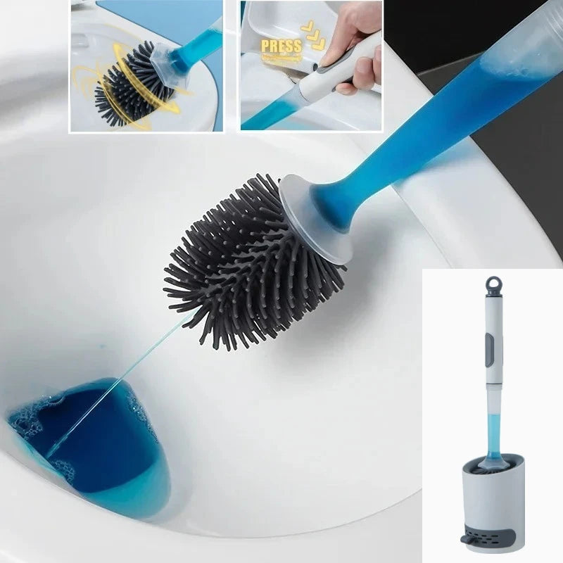 Wall Mounted Detergent Refillable Toilet Brush Set with Silicone TPR Brush Holder for Corner Cleaning Bathroom Tools