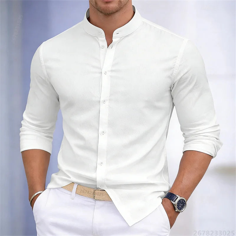 Men's stand-up collar white or black long-sleeved shirt, solid color shirt, slim fit business casual men's top, sizes XS-6XL.