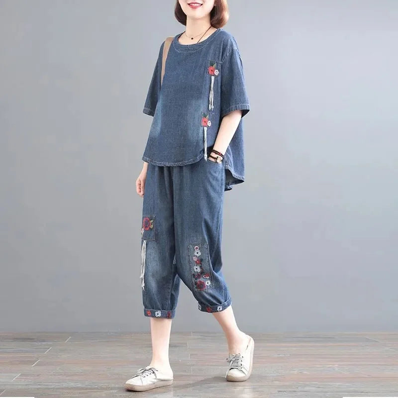 Women Denim Set Female Jeans Two Piece Set 2025 New Spring Summer Thin Korean Loose Cowboy Pants 2 Piece Set Large Size 2PCS
