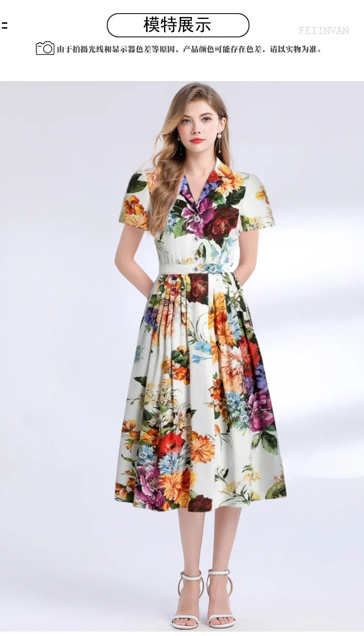 Summer Runway Holiday Flower Shirt Dress Women's Notched V-Neck Short Sleeve Single Breasted A-Line Pleated Midi Vestidos