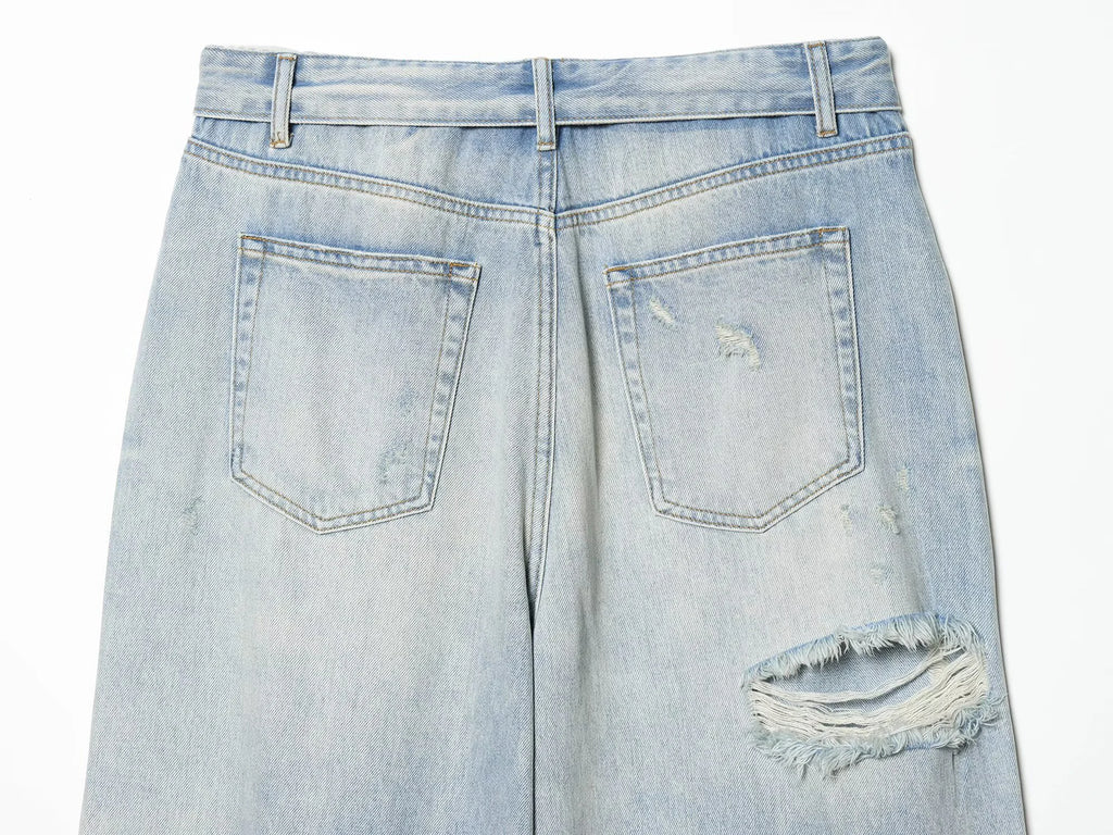 European and American style 2026 spring/summer new women's clothing mid waist casual ripped and flanged denim pants