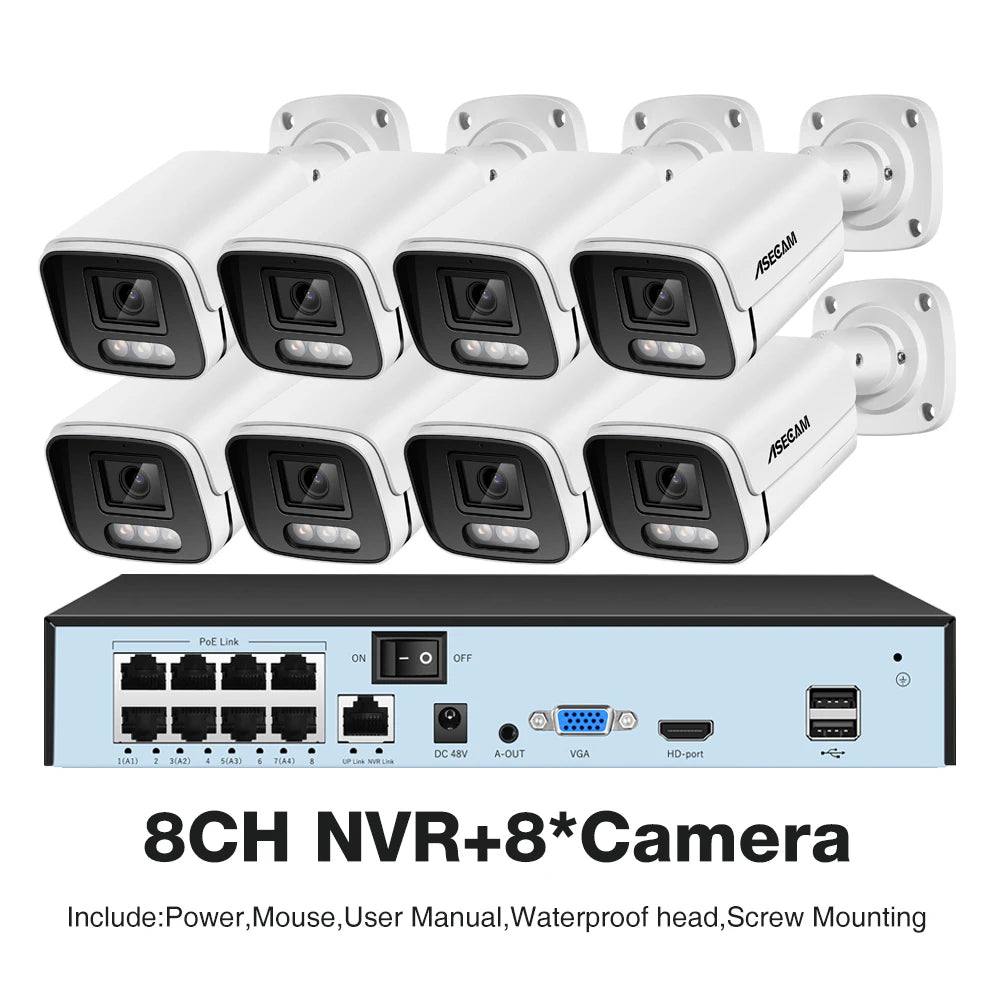 New 4K Security Camera System 8MP Audio Mic CCTV POE NVR AI Color Night Home Video Surveillance Camera Outdoor Set
