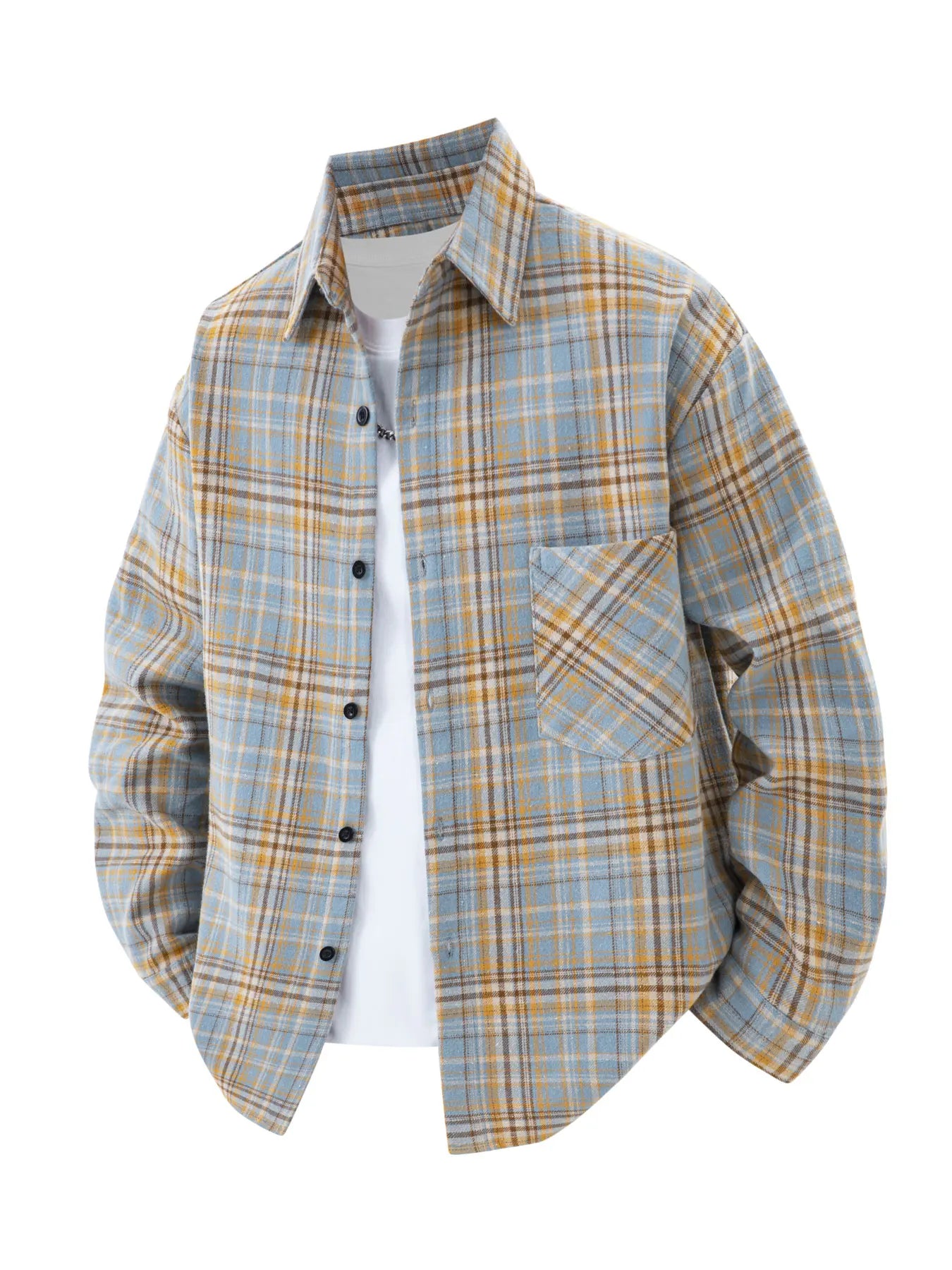 Spring and Autumn Men's Fashionable Plaid Shirt, Youth Outdoor Sports Casual Lapel Plaid Long-Sleeved Shirt That Can Be Worn Outside