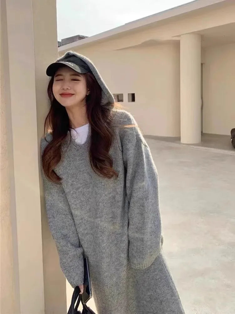 Korean style autumn hooded cashmere sweater long sweater dress loose women's knitted woolen hoodie