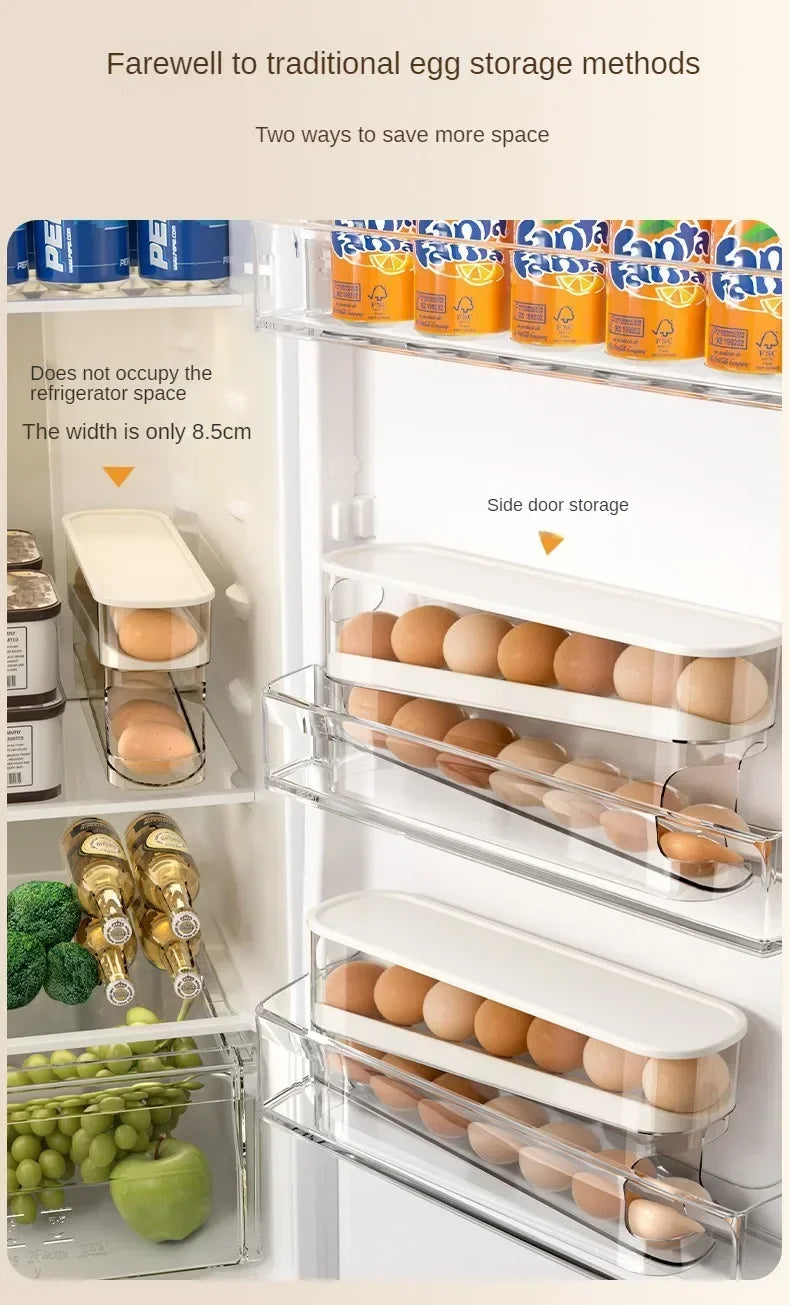 Double Layers Egg Storage Box Refrigerator Automatic Rolling Slide Egg Rack Refrigerator Side Door Freshness Box Kitchen Storage