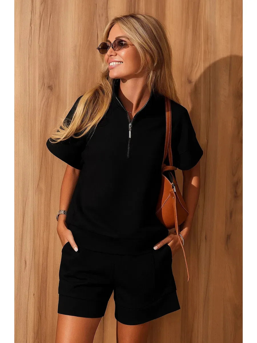 2026 Summer New Long-sleeved Shorts Sweater Set Solid Color Fashion Casual Short 2-piece Set