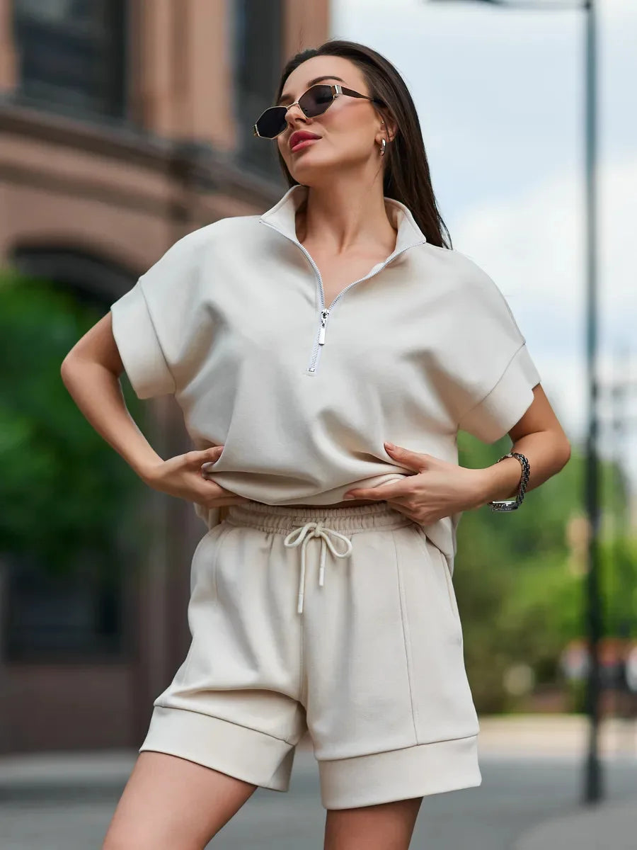 2026 Summer New Long-sleeved Shorts Sweater Set Solid Color Fashion Casual Short 2-piece Set