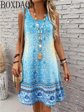 Women's New Summer Round Neck Sleeveless Loose A-Line Flower Multi-Color Printed Fashionable and Elegant Party Dress