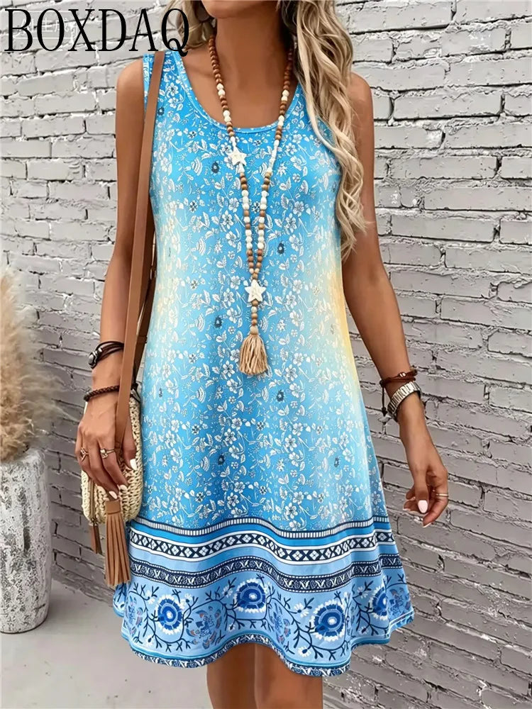 Women's New Summer Round Neck Sleeveless Loose A-Line Flower Multi-Color Printed Fashionable and Elegant Party Dress