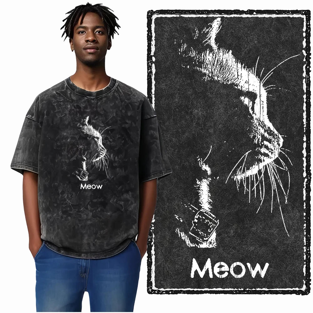 COOLMIND DB Cat Printed Cotton Acid Washed Exclusive Graphic Unisex T Shirt Cool Streetwear Men Tshirts Big Size Tee for Men