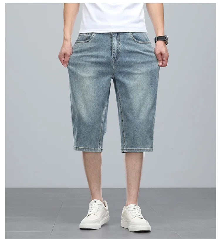 Summer men's six inch shorts over the knee thin straight tube minimalist elastic denim shorts Baggy Jeans Shorts for Men  3/4