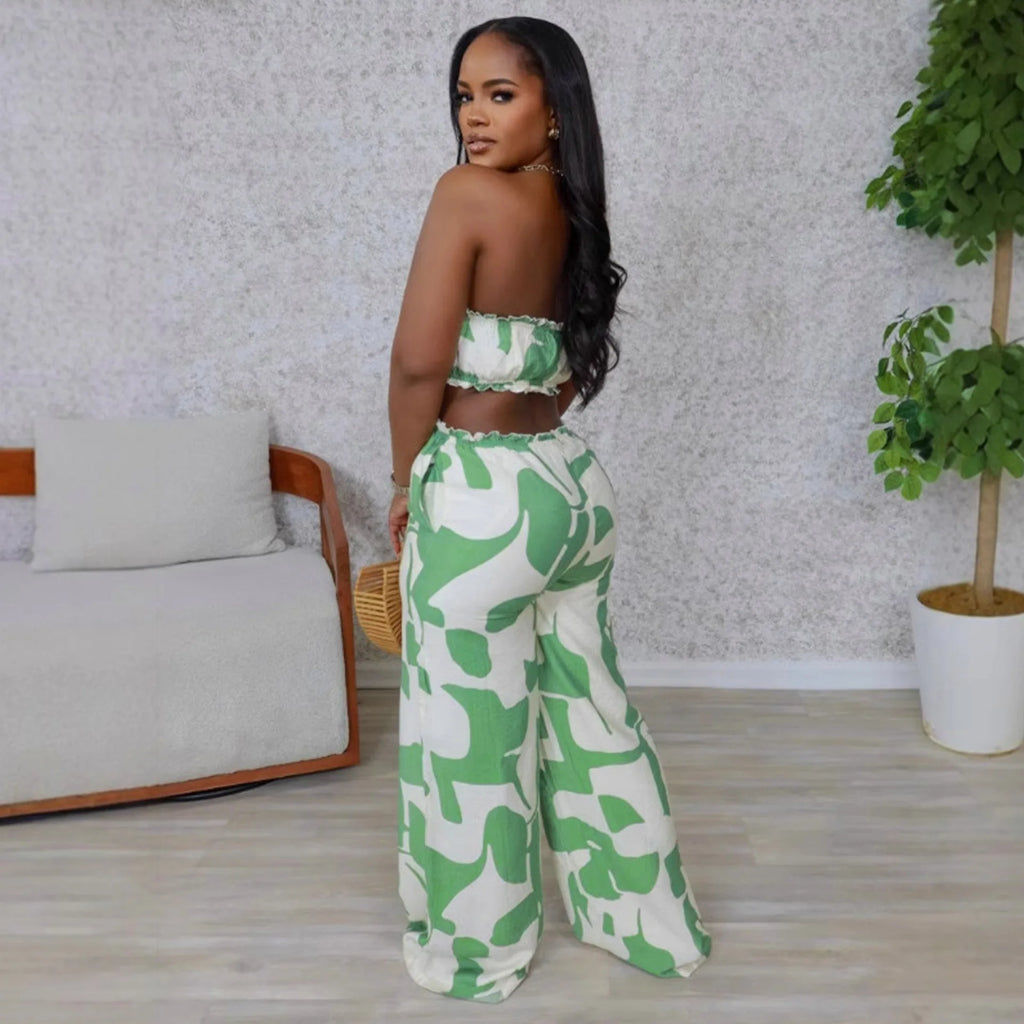 2025 Elegant Sleeveless Hollow Out Casual Style Women Tube Top with Wide-leg Jumpsuit Long Pants