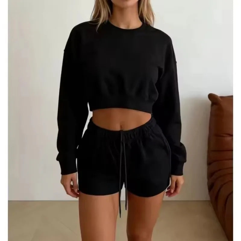 spring autumn Womens Round neck long sleeve Sweatshirt Two Piece Set Casual Sweatshirt+shorts Womens suit Daily Womens Tracksuit