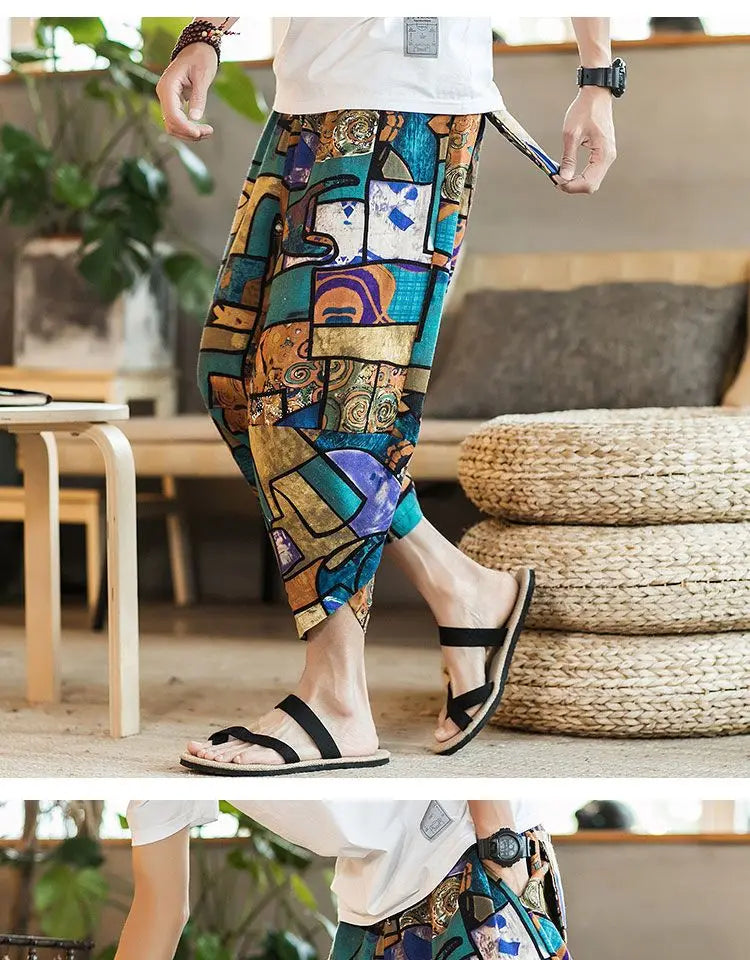 Men's Casual Cotton Linen Seven-Foot Pants Summer plus Size Lantern Loose Fit Shorts Harlan Style Comfortable Breathable Leis...