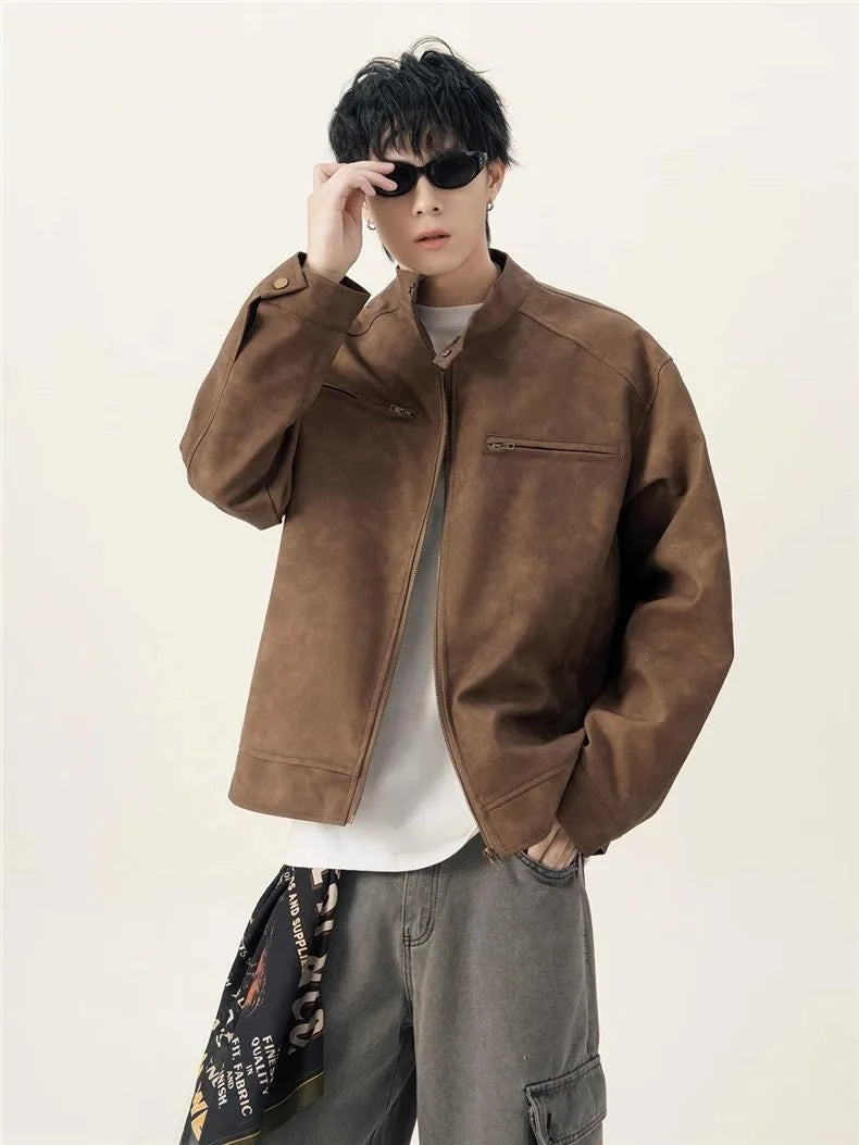 Men's American Retro Brown Leather Jacket Men Motorcycle Er Jacket Casual Baseball Varsity Coat Couple Streetwear Outerwear