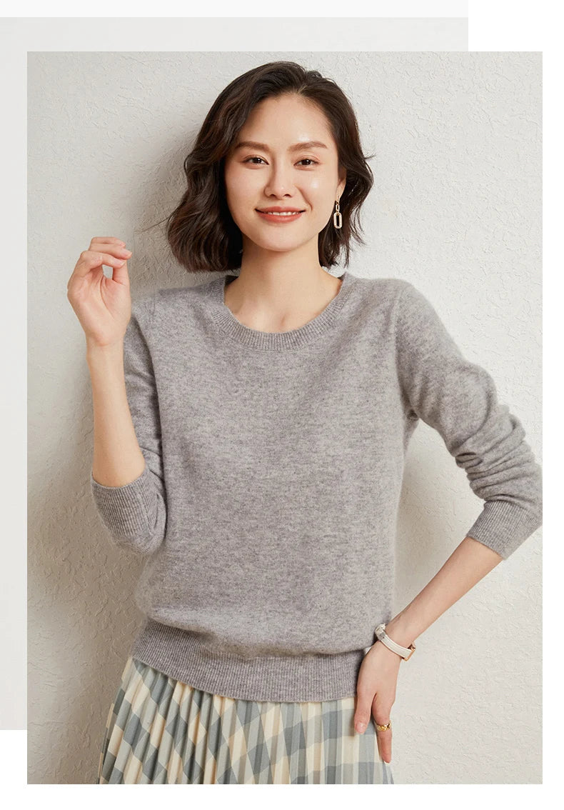100%Merino Pure Wool Pullover Sweater For AutumnWinter Women's Round Neck Warm High-Quality Solid Color Basic Knitted Jumper Top