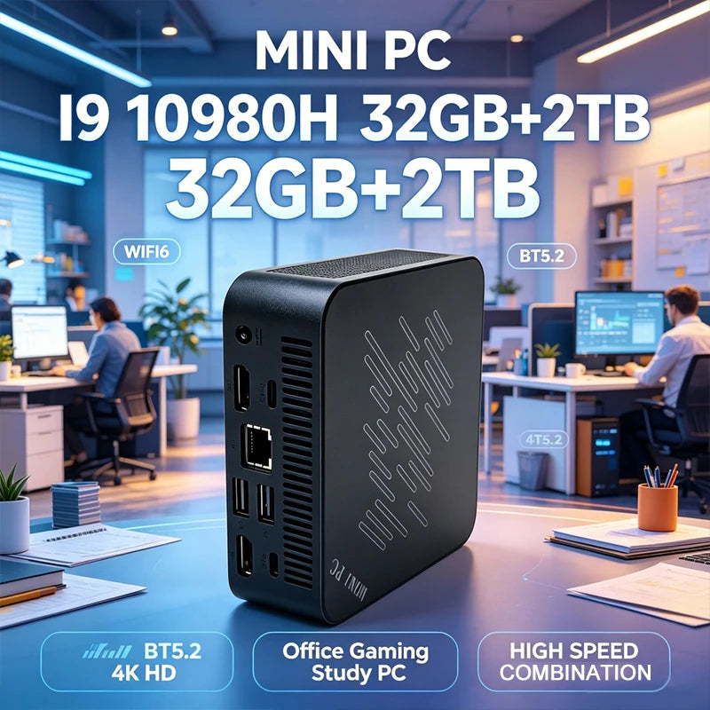 Mini PC Intel Core I9 10980H 32GB RAM 2TB SSD Mini Desktop Computer WIFI6 BT5.2 4K HD Office Gaming Study Small PC