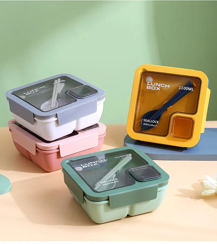 850ml/1100ml Lunch Box Microwave Portable Bento Boxes with Tableware for Kids School Leakproof 4 Grid Food Snack Containers