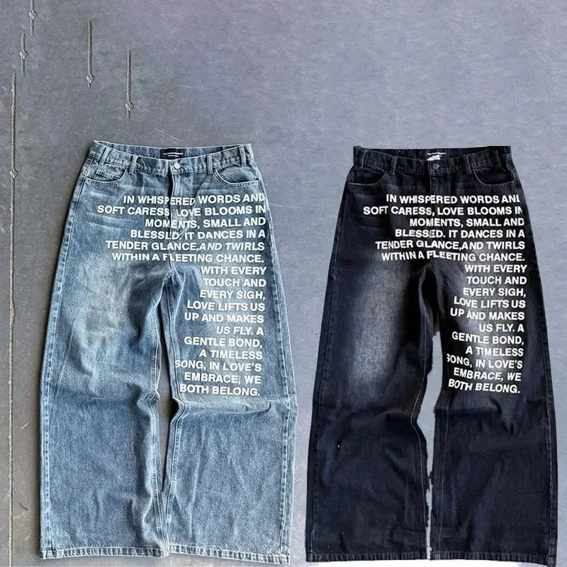 Vintage Letter Printed Women's Men's Jeans Y2k Harajuku Washed Wide Leg Jeans Loose Hip Hop Street Style Casual Mopping Pants