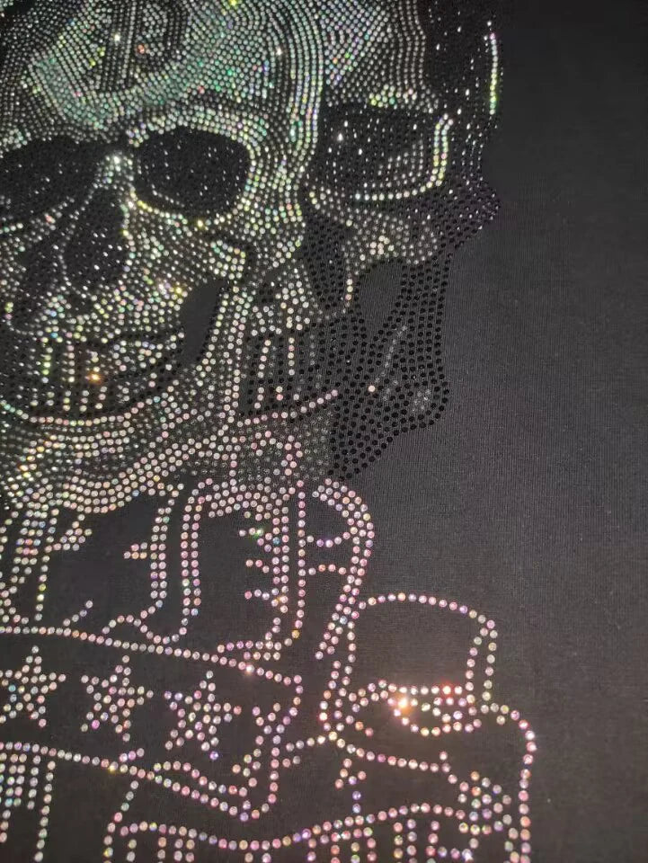 2025 Summer New Luxury Men's Fashion Skull Design Rhinestones T-Shirt Pure Cotton Crew-Neck Casual High Quality