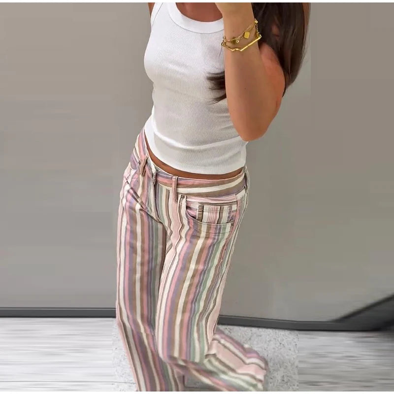 Color Vertical Stripe Women's Wide Leg Pants Folded Wide Waistband Side Thin Drawstring Tie Relaxed Drape Length Casual Pants