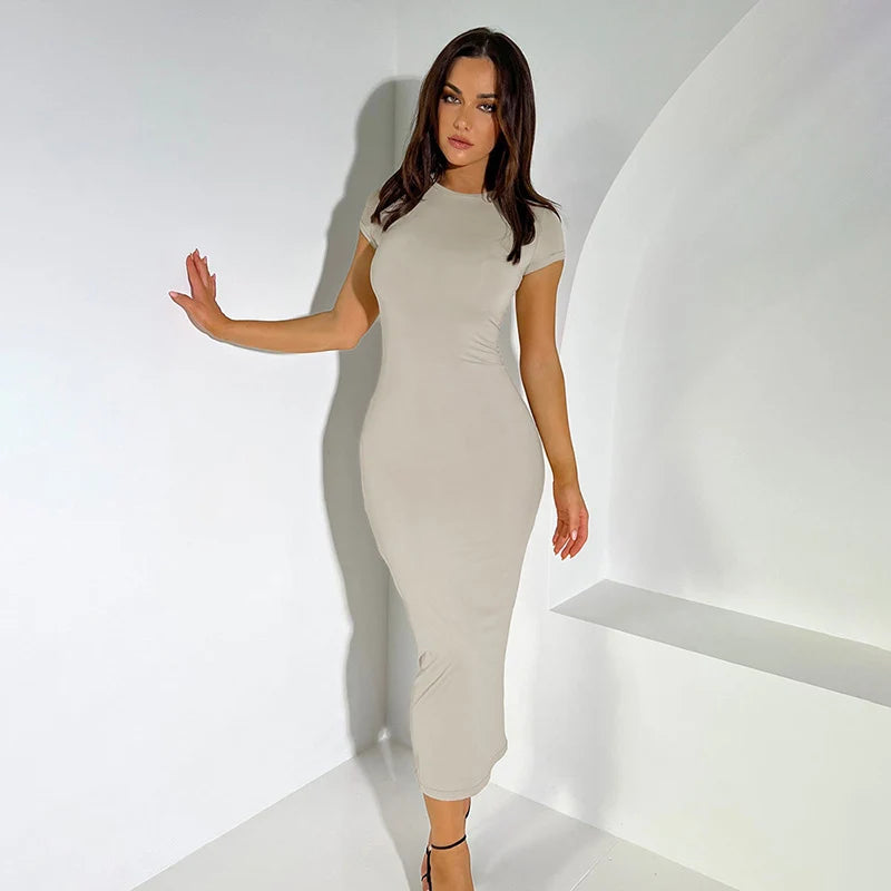 2025 Women Solid Color Slim Short Sleeve Casual Pullover Sumer Long Dress Skinny Sexy Daily Dress